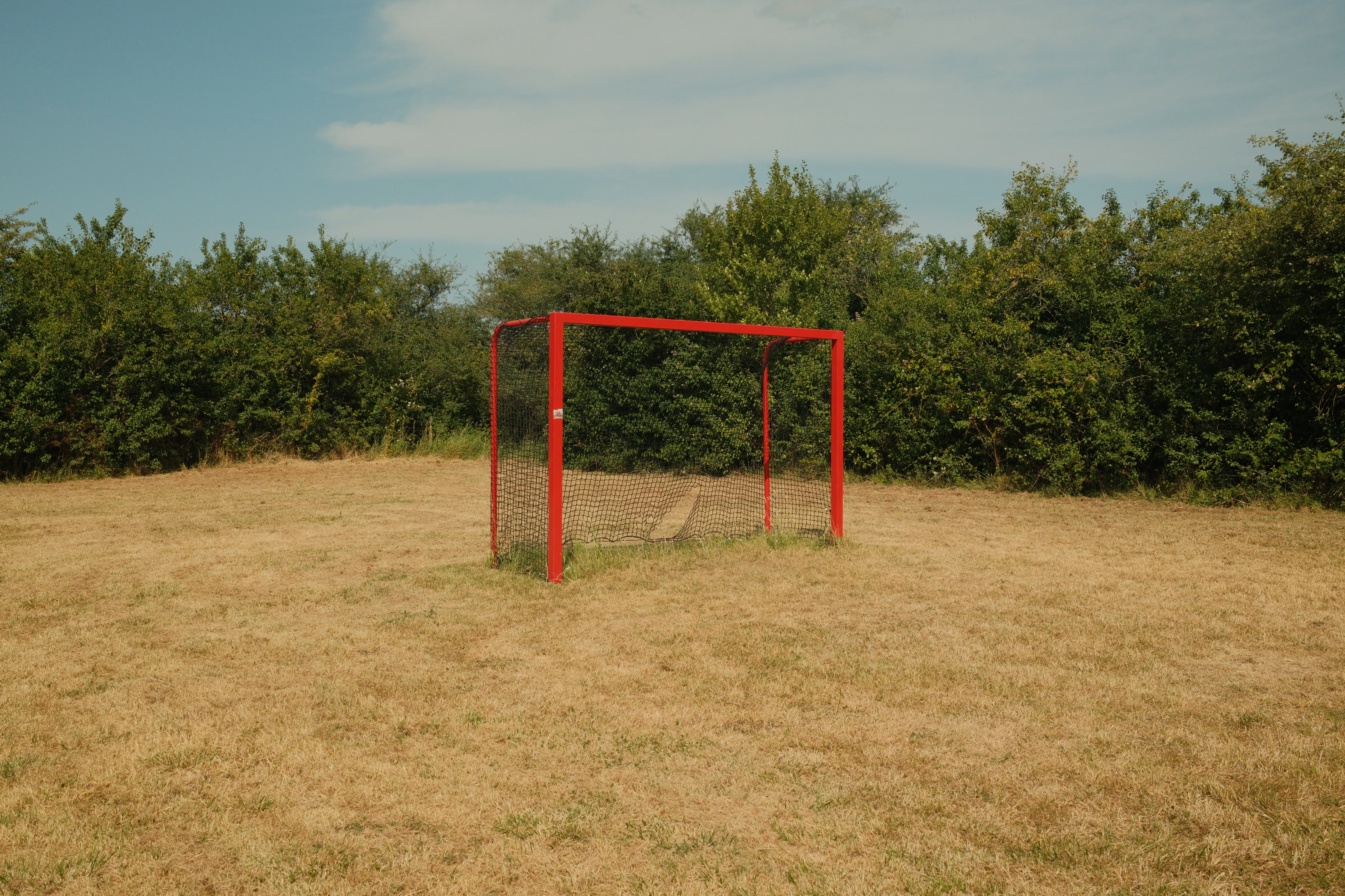 Un but de football aux montants rouges avec un filet usé, posé sur un terrain herbeux jauni, entouré d'arbustes verts en arrière-plan sous un ciel bleu nuageux.