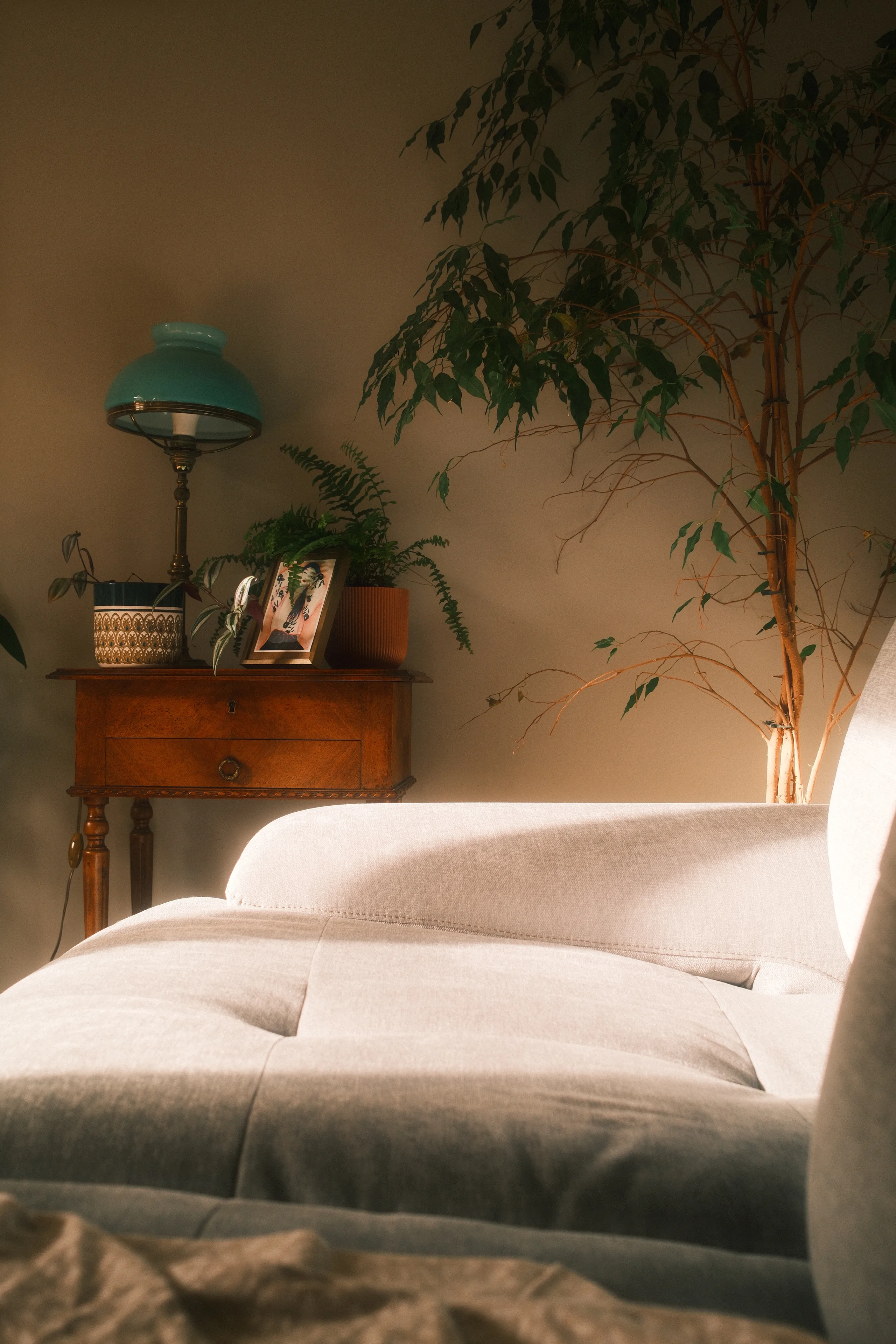 Canapé beige moelleux devant une table de chevet en bois vintage avec une lampe verte, des plantes vertes et un cadre photo, éclairés par une lumière chaude et tamisée